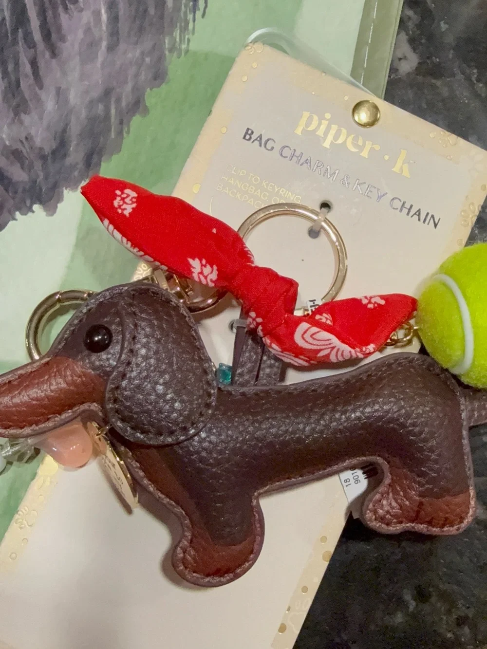 Piper Brown Leather Dachshund Bag Charm key with Red Bandana Accent Free Bag NEW